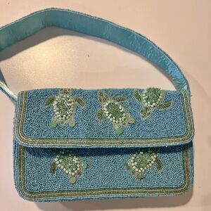 Beaded Sea Turtle Shoulder Bag in Light Blue
